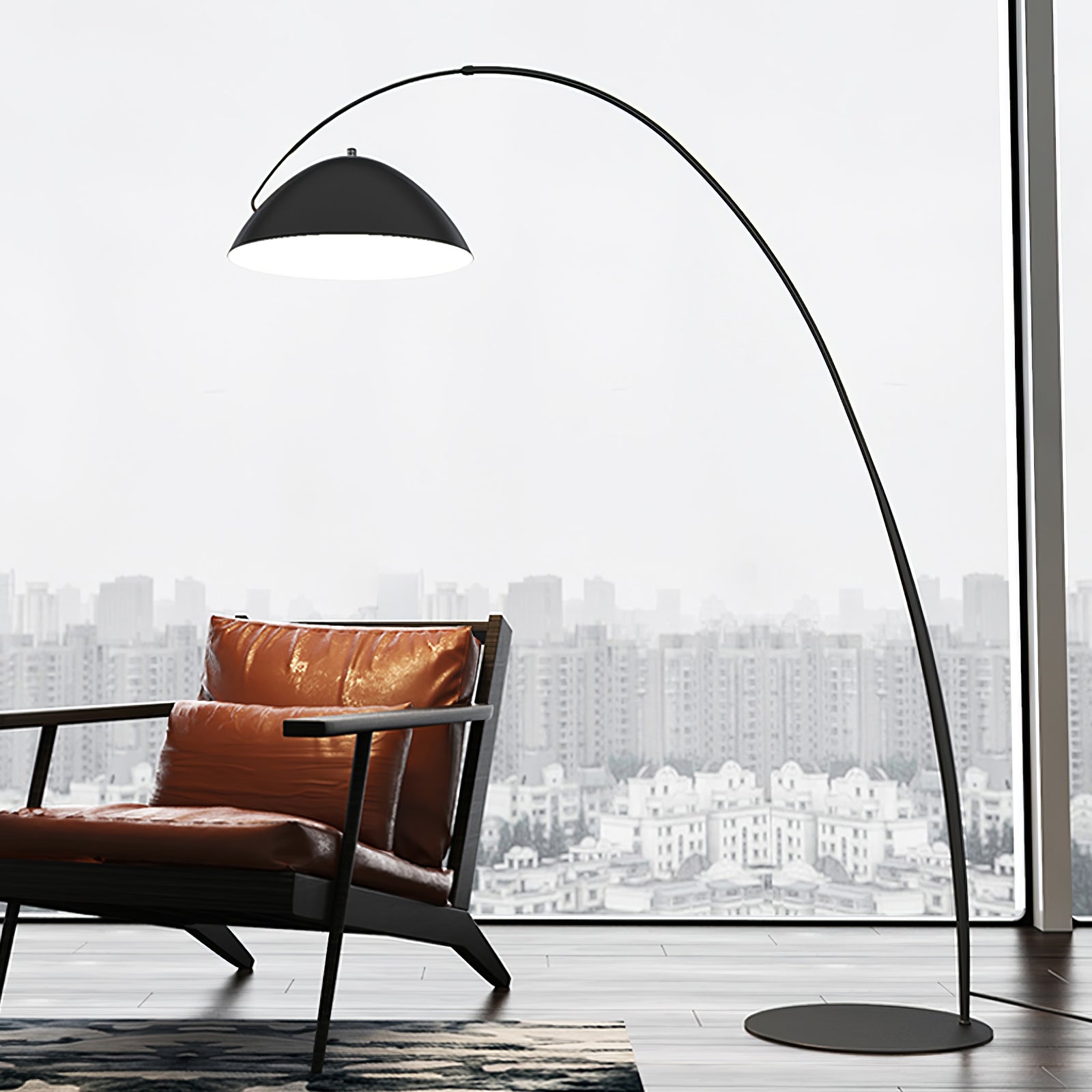 Verse arc floor lamp lit beside a reading corner