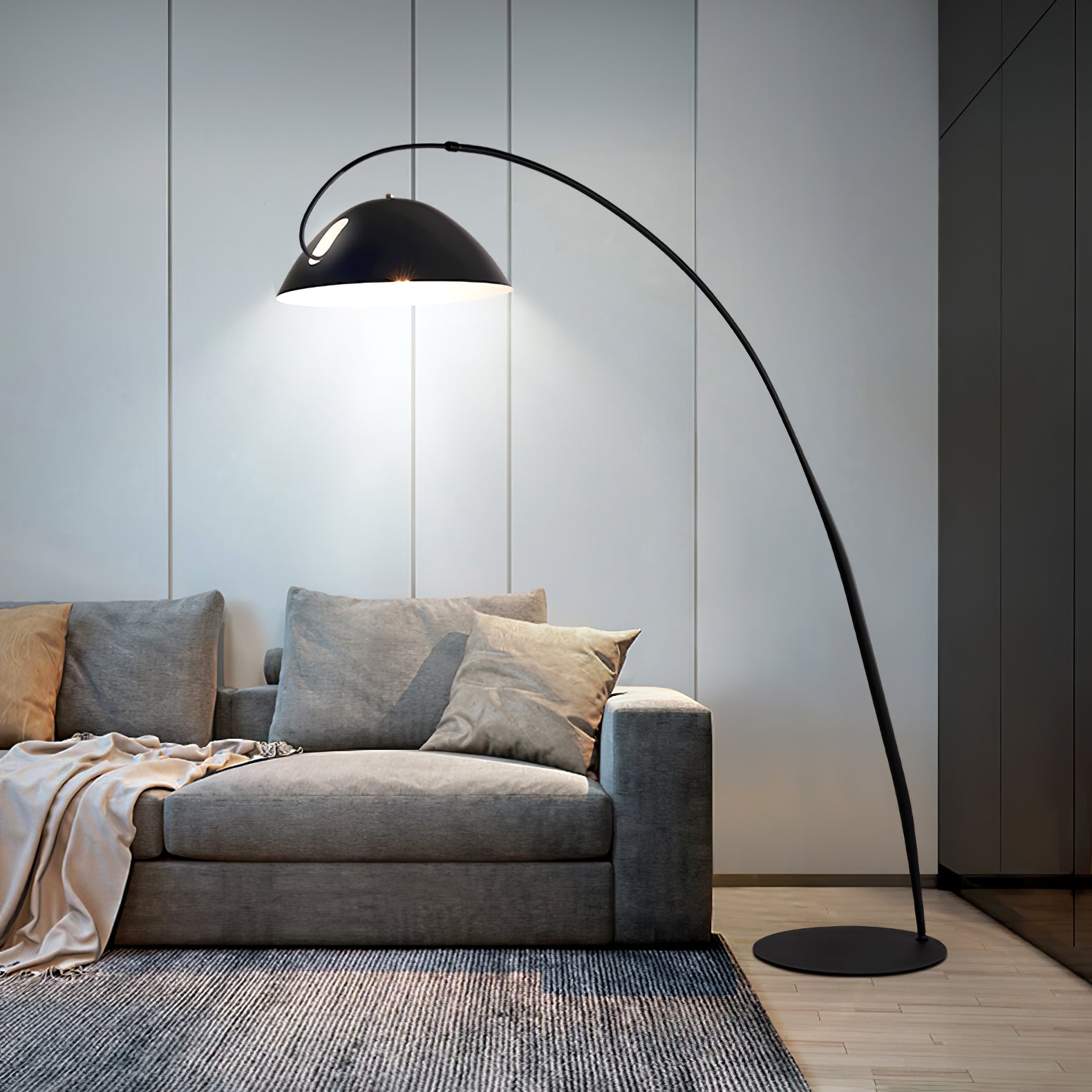 Verse arc floor lamp shade detail catching warm light