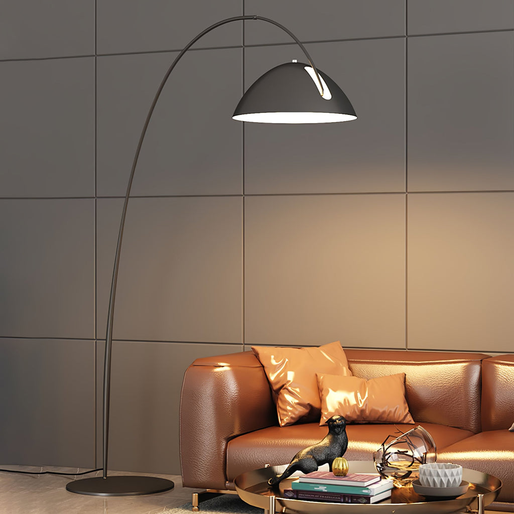 Verse arc floor lamp detail view of the black finish and shade