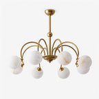 Arched brass arms crown this Clérachic chandelier, shown unlit against a plain white background with eight alabaster balls.
