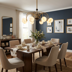 Gallery-framed art lines a navy accent wall in a dining room lit by this brass Clérachic chandelier with a black centre detail.