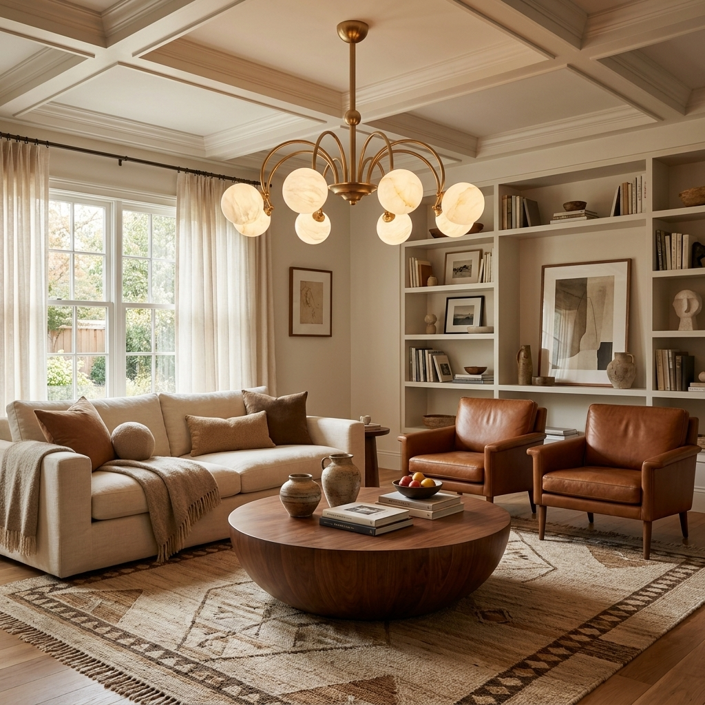 Leather armchairs and a round wood coffee table sit beneath this brass Clérachic chandelier in a coffered-ceiling living room.