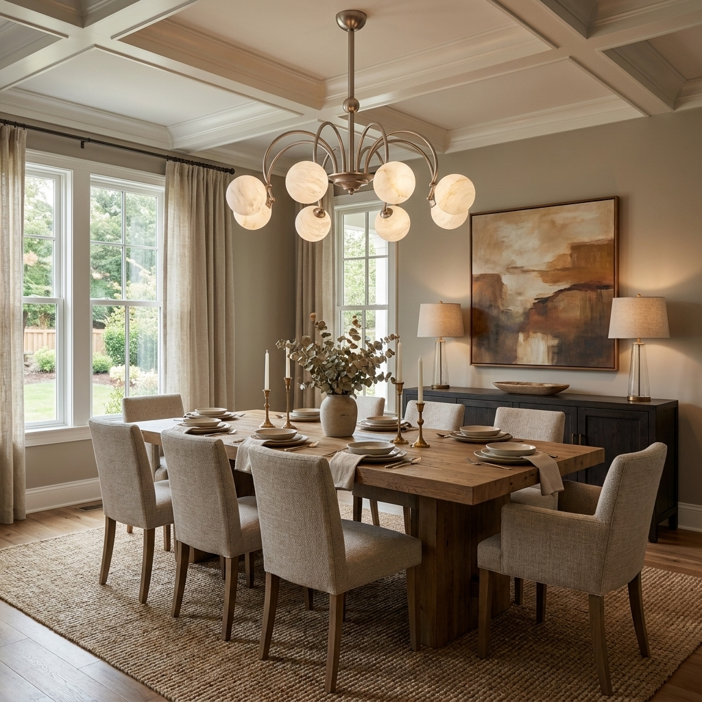 A long wood table and linen-covered chairs fill a coffered-ceiling dining room lit by this brass Clérachic chandelier.