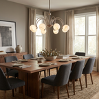 Charcoal dining chairs line a dark wood table lit by this brass Clérachic chandelier between two curtained windows.