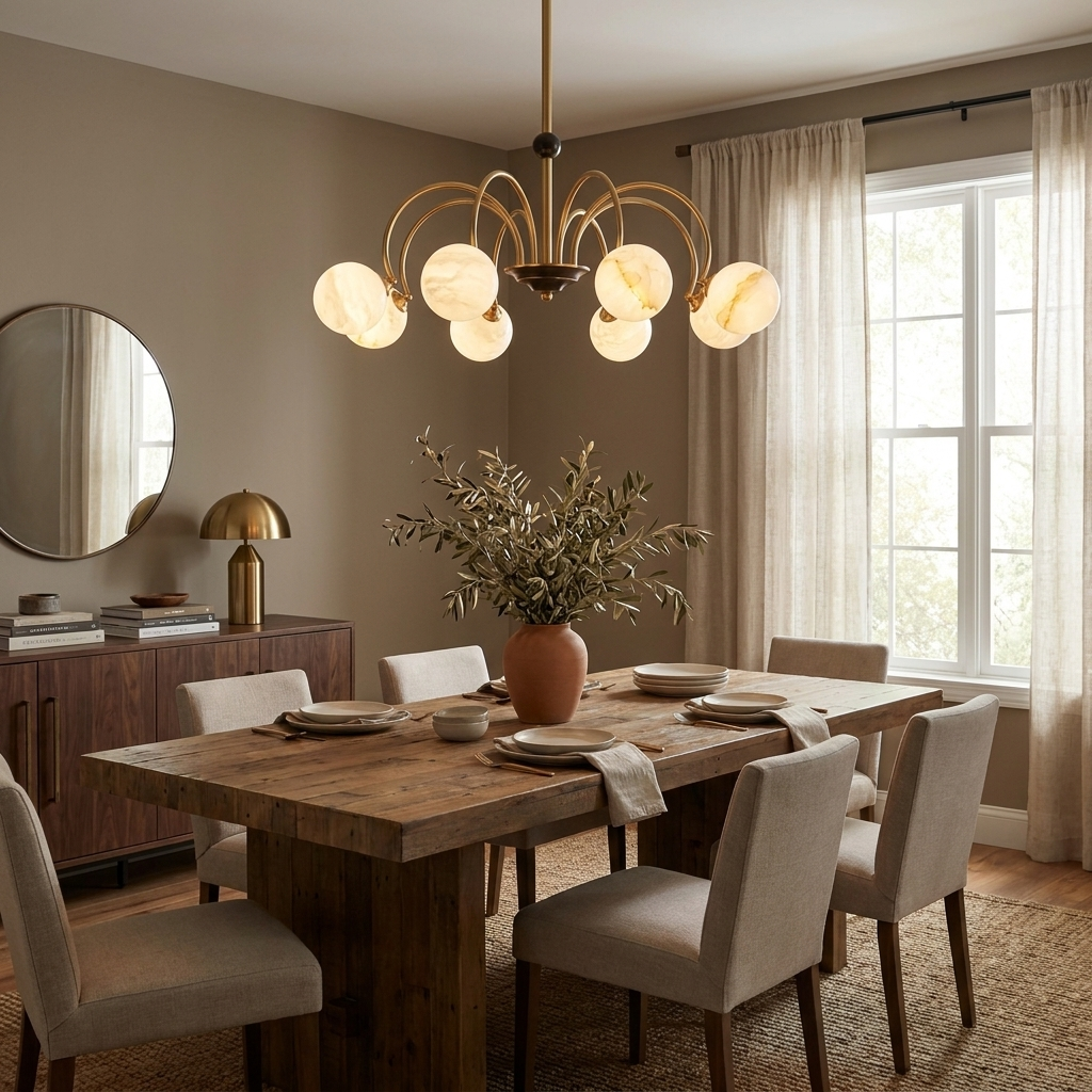 A round mirror and wood sideboard flank a dining table set beneath this brass Clérachic chandelier.
