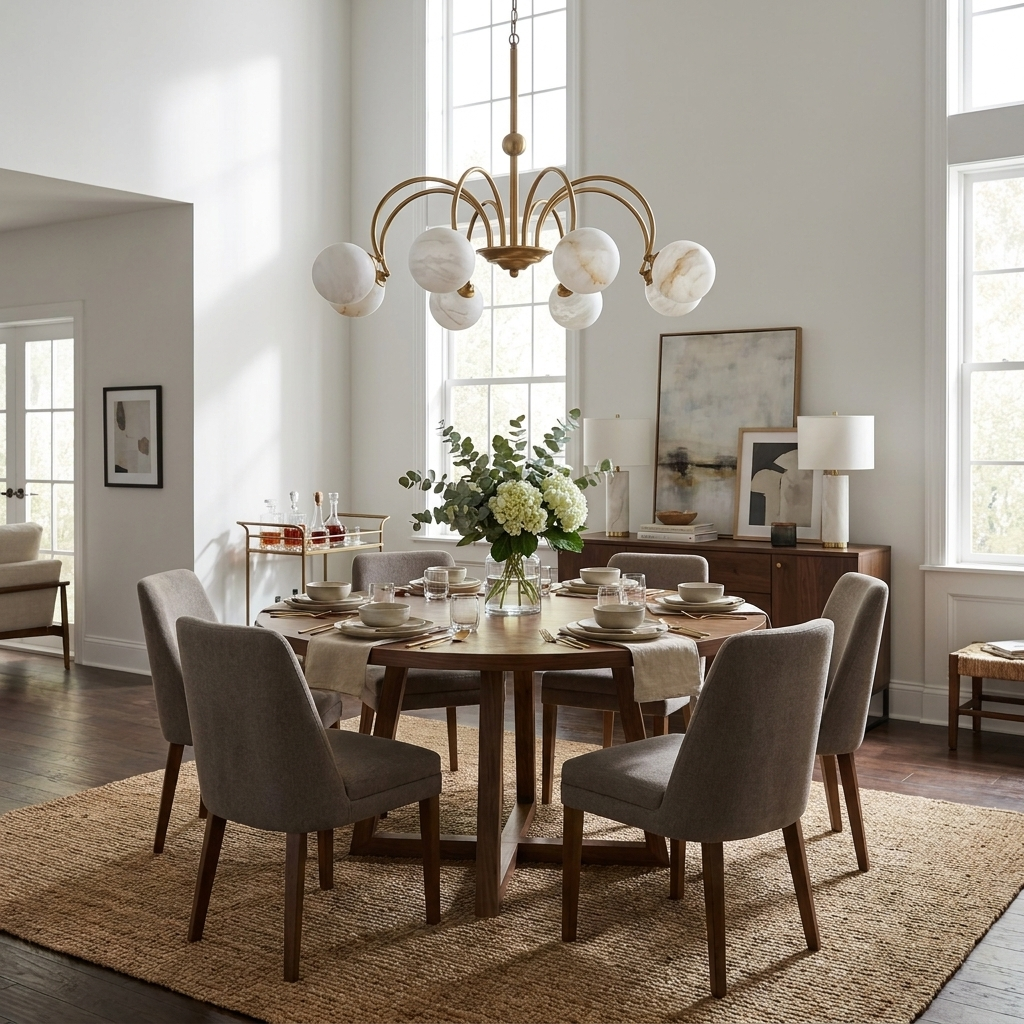 Grey upholstered chairs circle a round dining table lit by this brass Clérachic chandelier beneath tall windows.