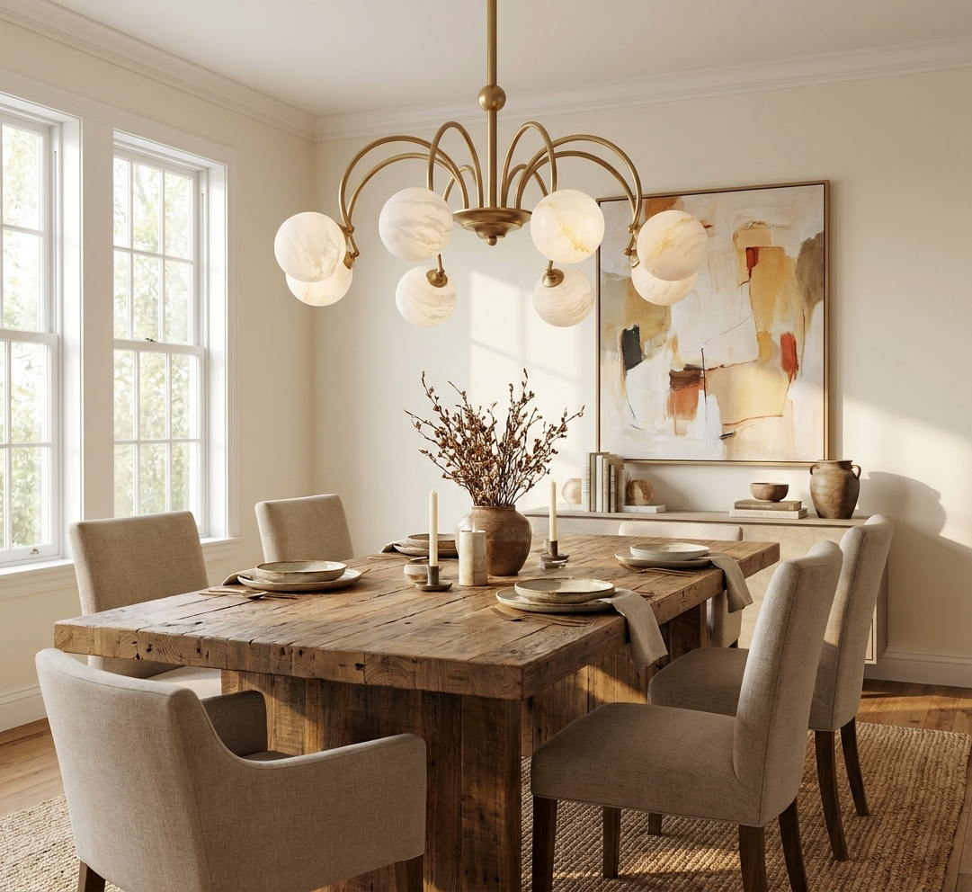 A large abstract painting hangs behind a dining table lit by this brass Clérachic chandelier.
