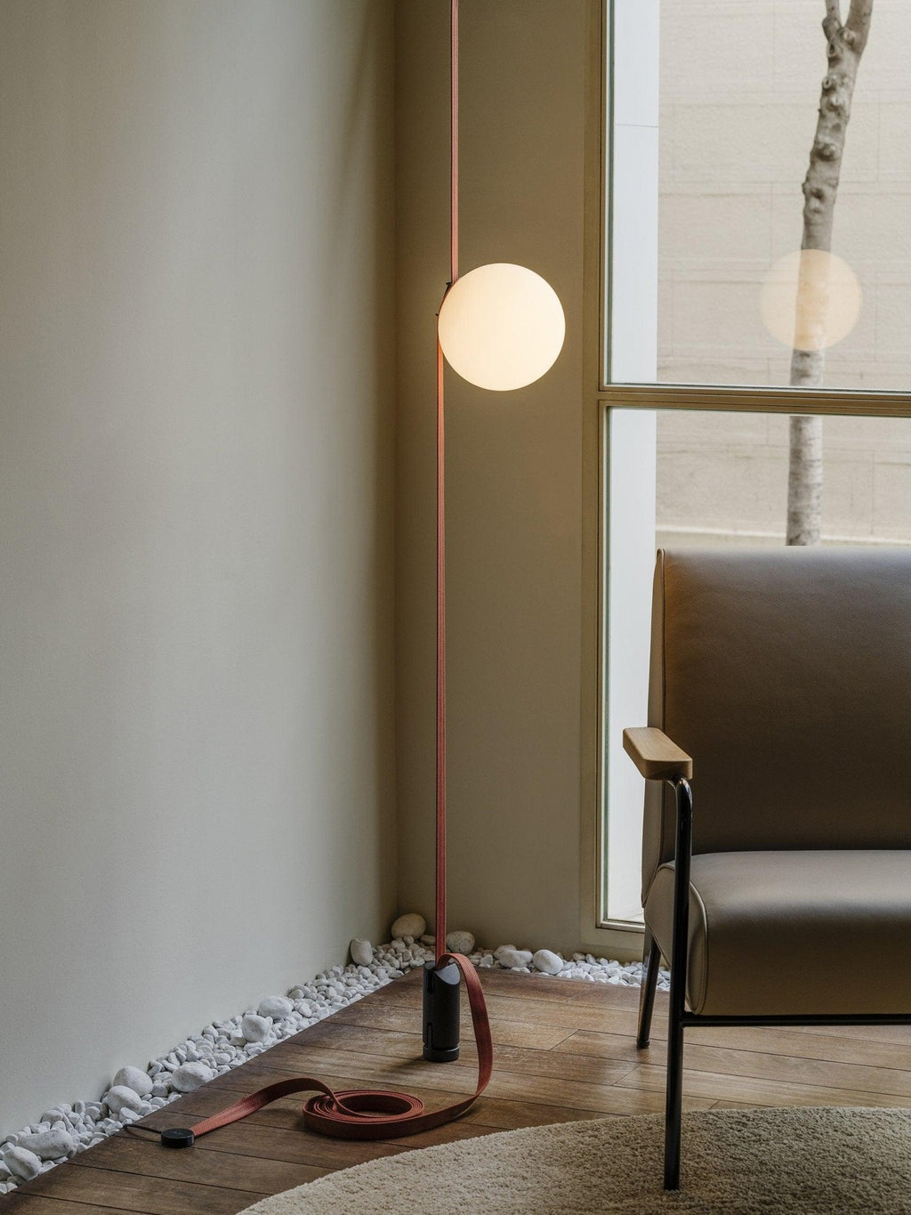 Belt pendant light glass globes and straps detail