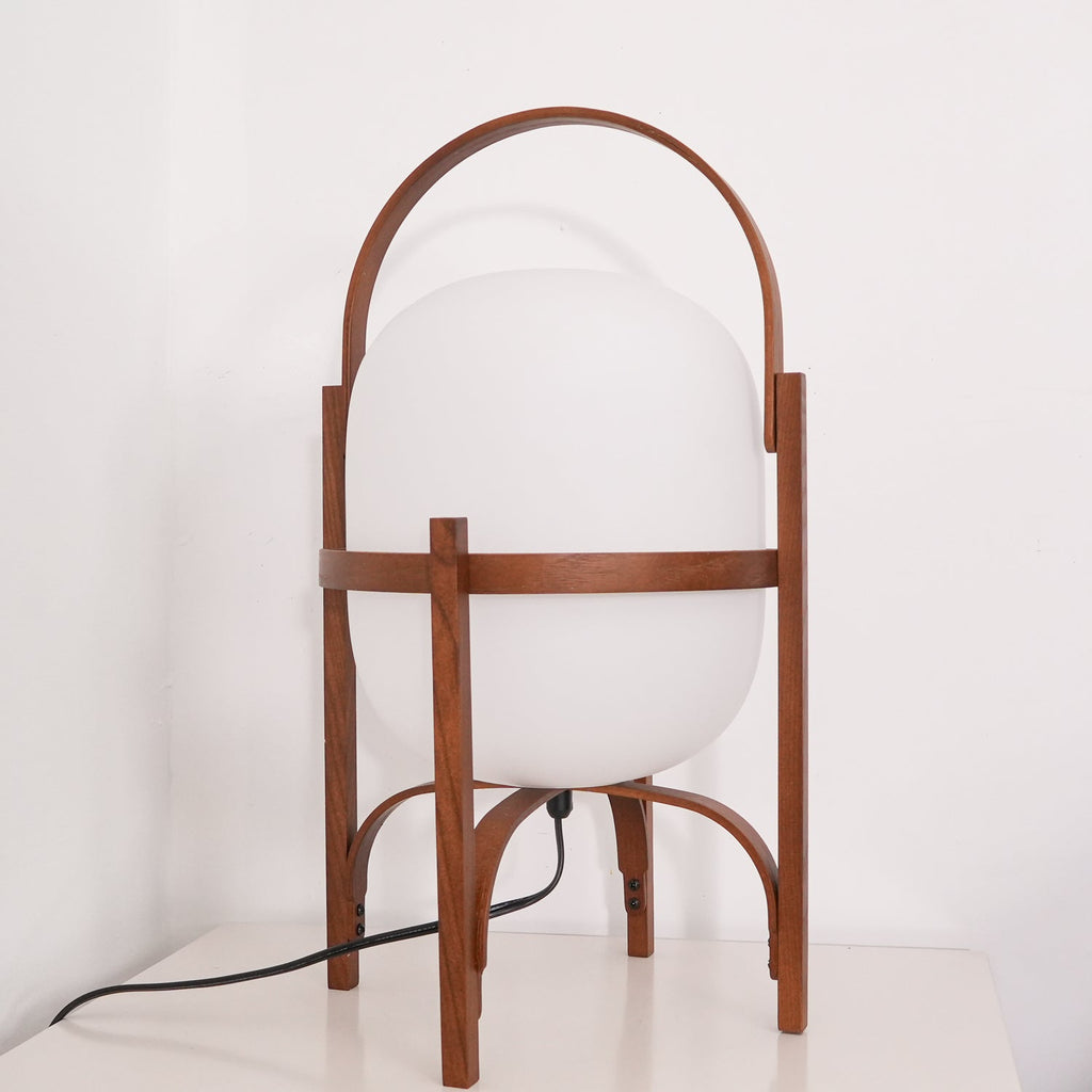 Portable Table Lamp, Ash or Walnut Wood Frame, White Glass Shade, E26/E27