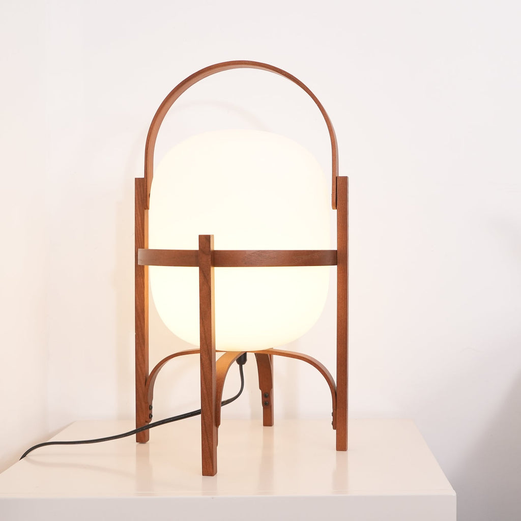 Portable Table Lamp, Ash or Walnut Wood Frame, White Glass Shade, E26/E27