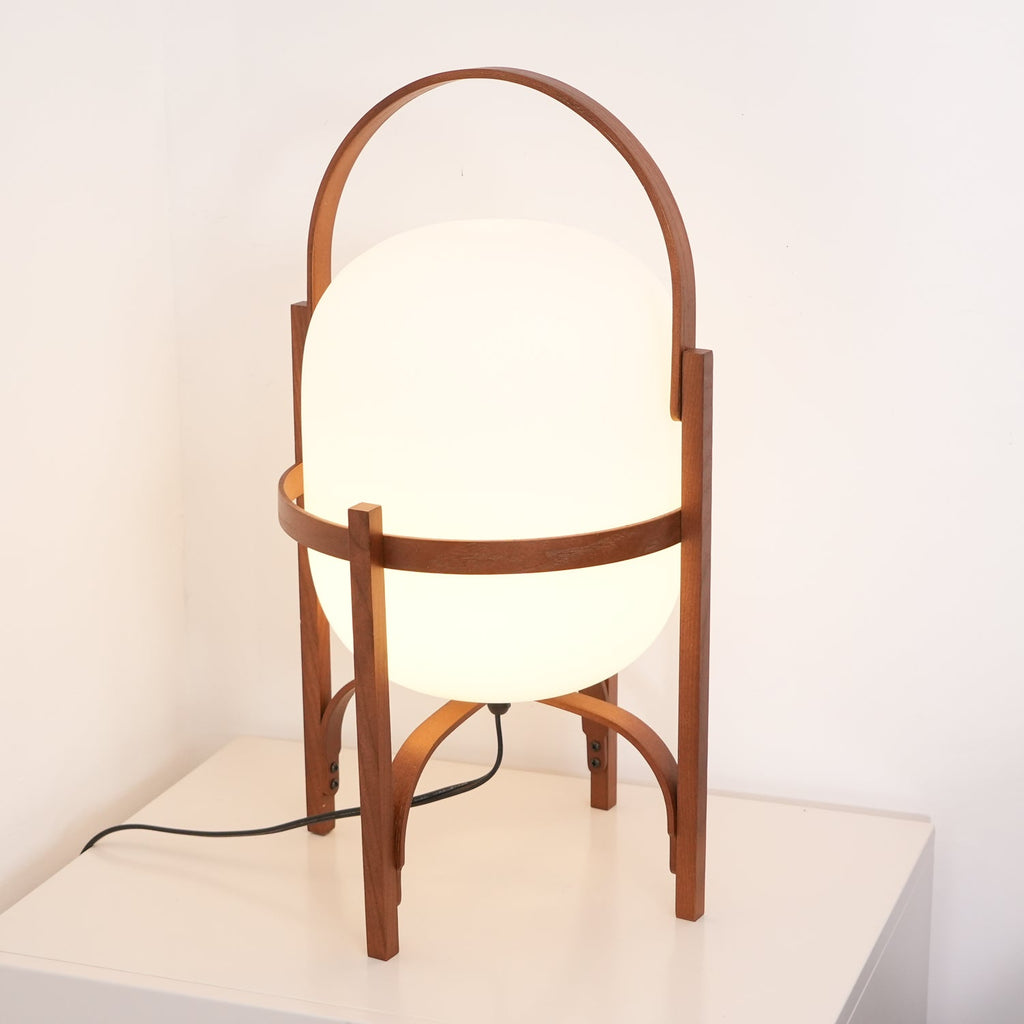 Portable Table Lamp, Ash or Walnut Wood Frame, White Glass Shade, E26/E27