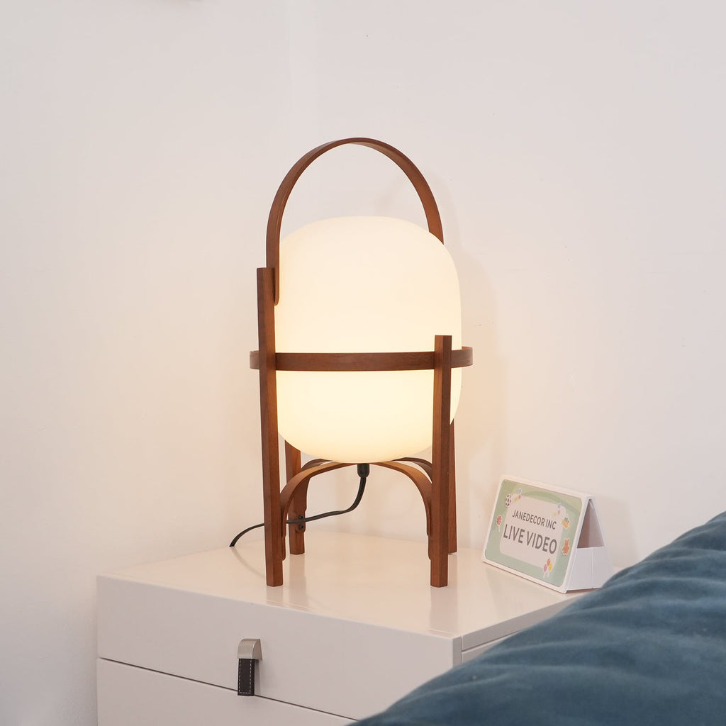 Portable Table Lamp, Ash or Walnut Wood Frame, White Glass Shade, E26/E27