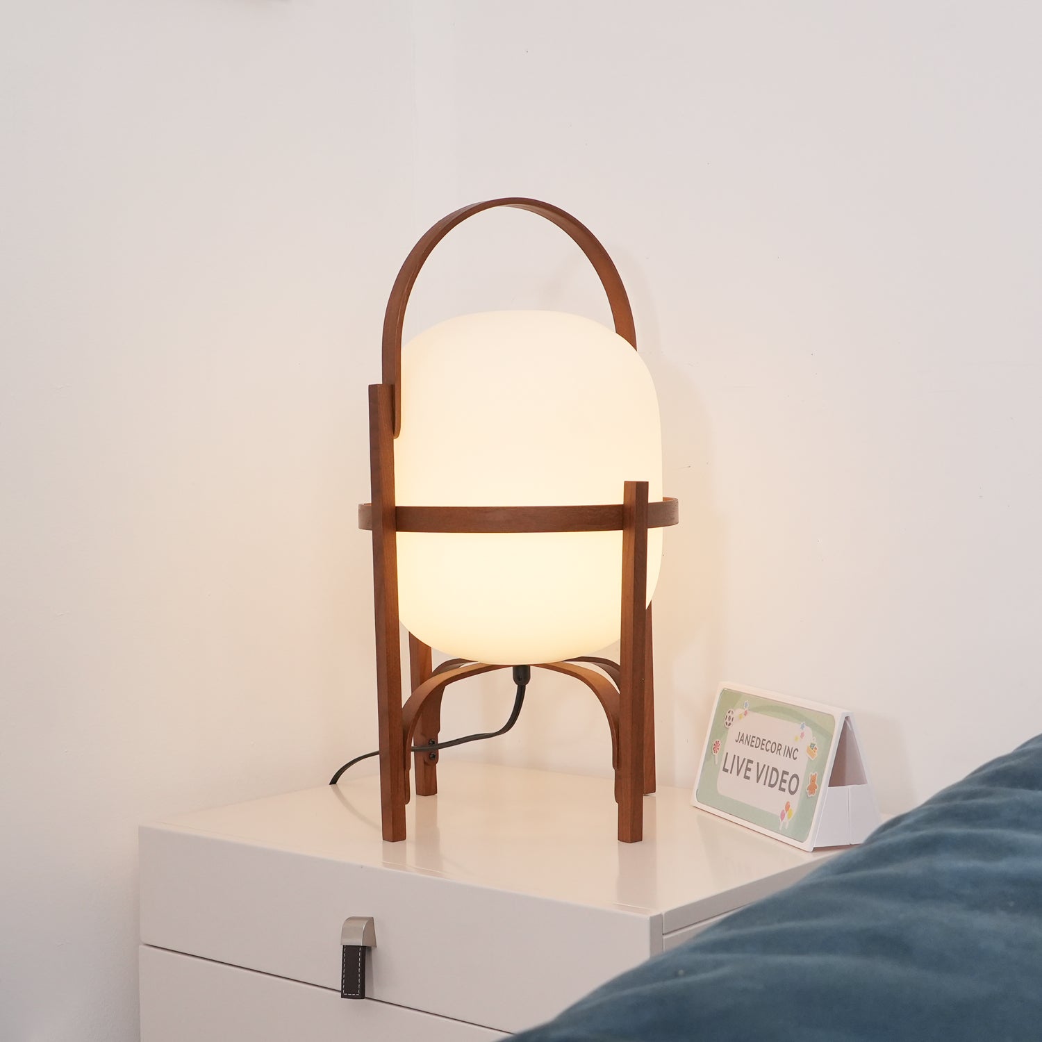 Portable Table Lamp, Ash or Walnut Wood Frame, White Glass Shade, E26/E27