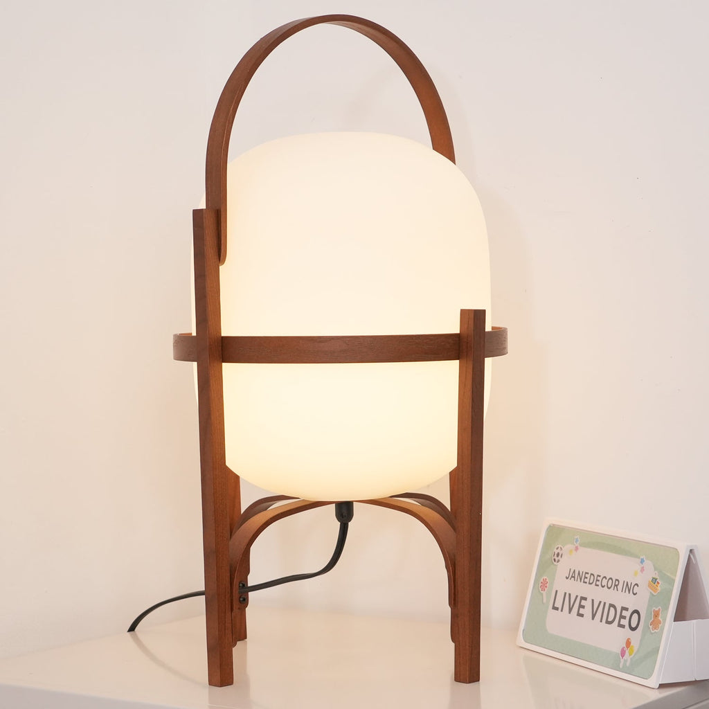 Portable Table Lamp, Ash or Walnut Wood Frame, White Glass Shade, E26/E27