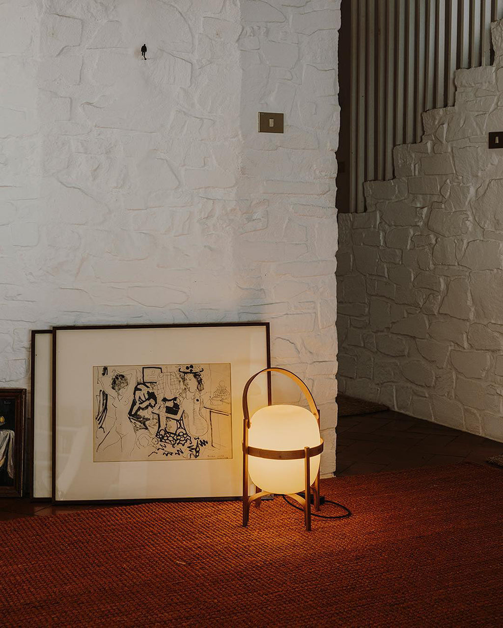 Portable Table Lamp, Ash or Walnut Wood Frame, White Glass Shade, E26/E27