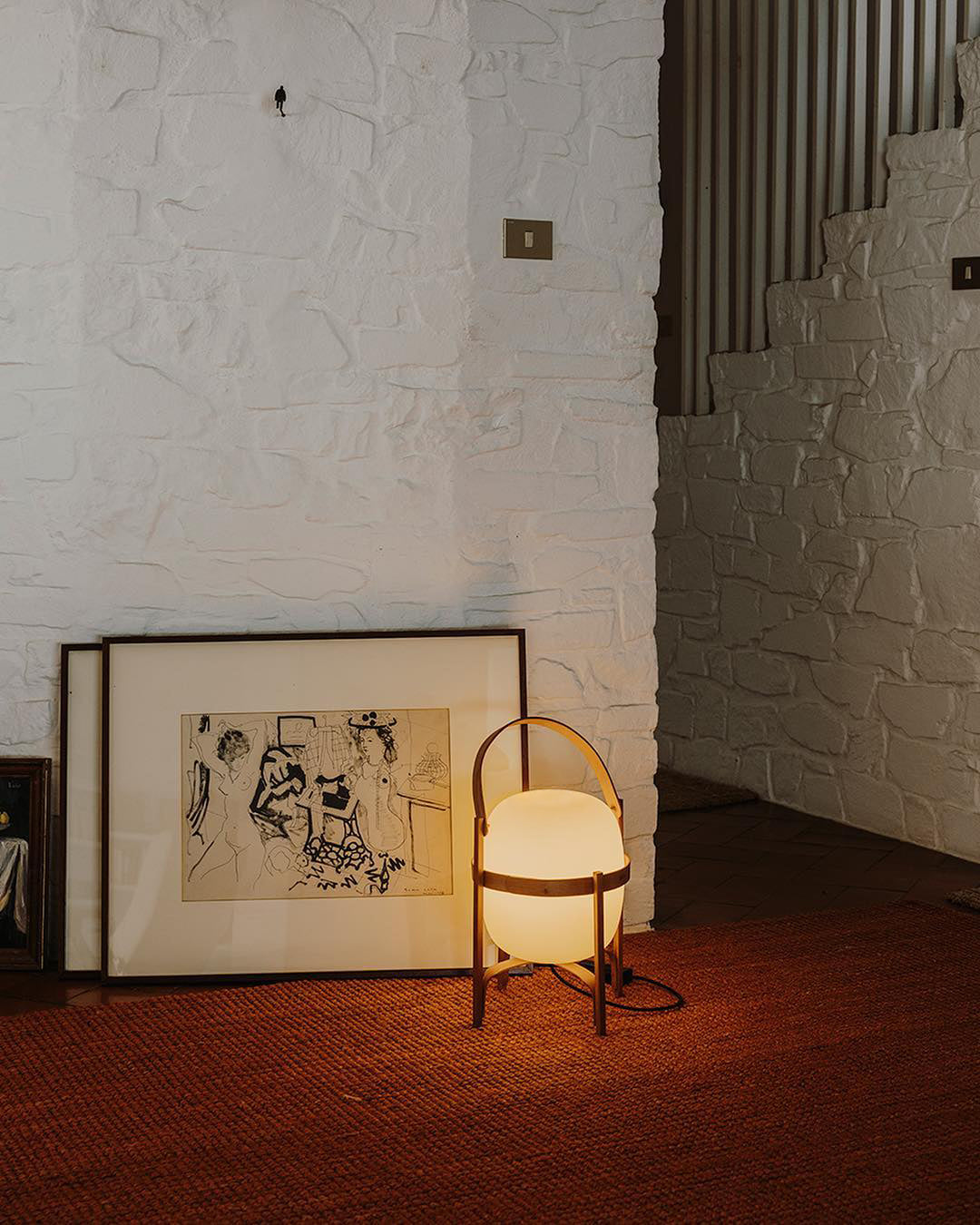 Portable Table Lamp, Ash or Walnut Wood Frame, White Glass Shade, E26/E27