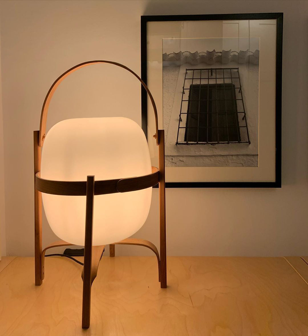 Portable Table Lamp, Ash or Walnut Wood Frame, White Glass Shade, E26/E27