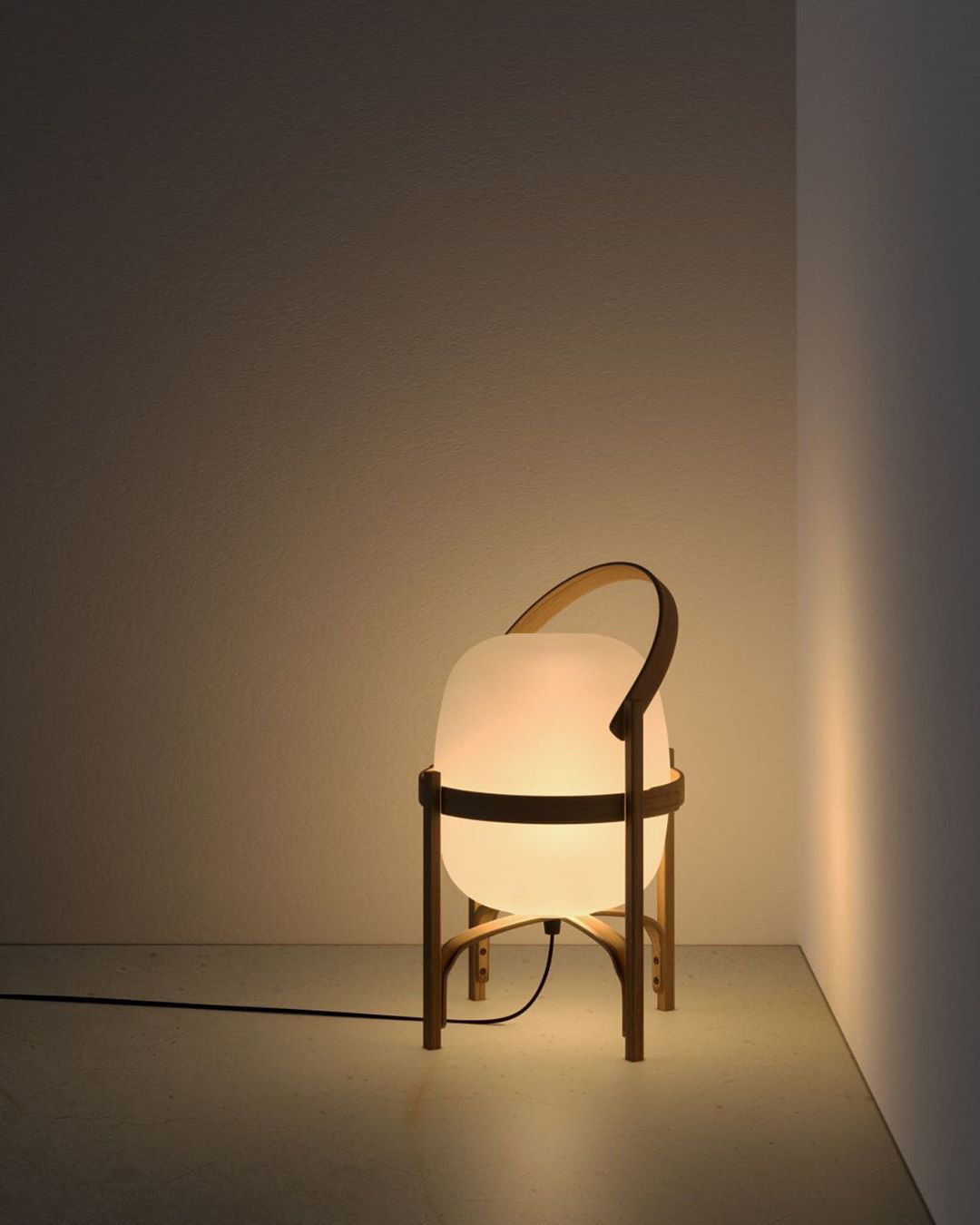 Portable Table Lamp, Ash or Walnut Wood Frame, White Glass Shade, E26/E27
