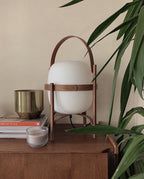 Portable Table Lamp, Ash or Walnut Wood Frame, White Glass Shade, E26/E27