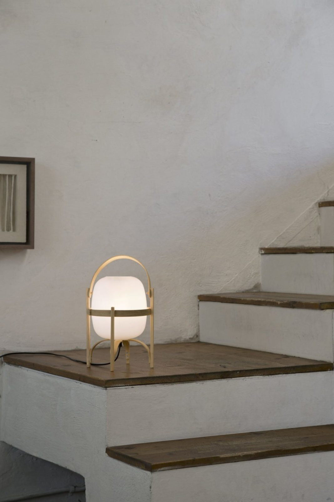 Portable Table Lamp, Ash or Walnut Wood Frame, White Glass Shade, E26/E27