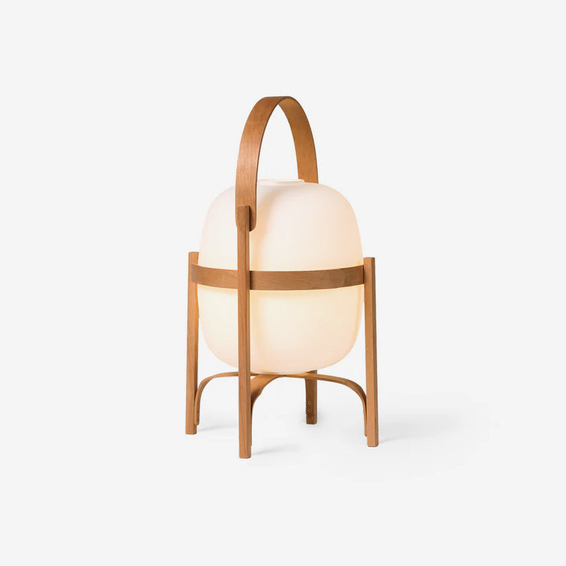 Portable lantern table lamp with natural wood frame and glass