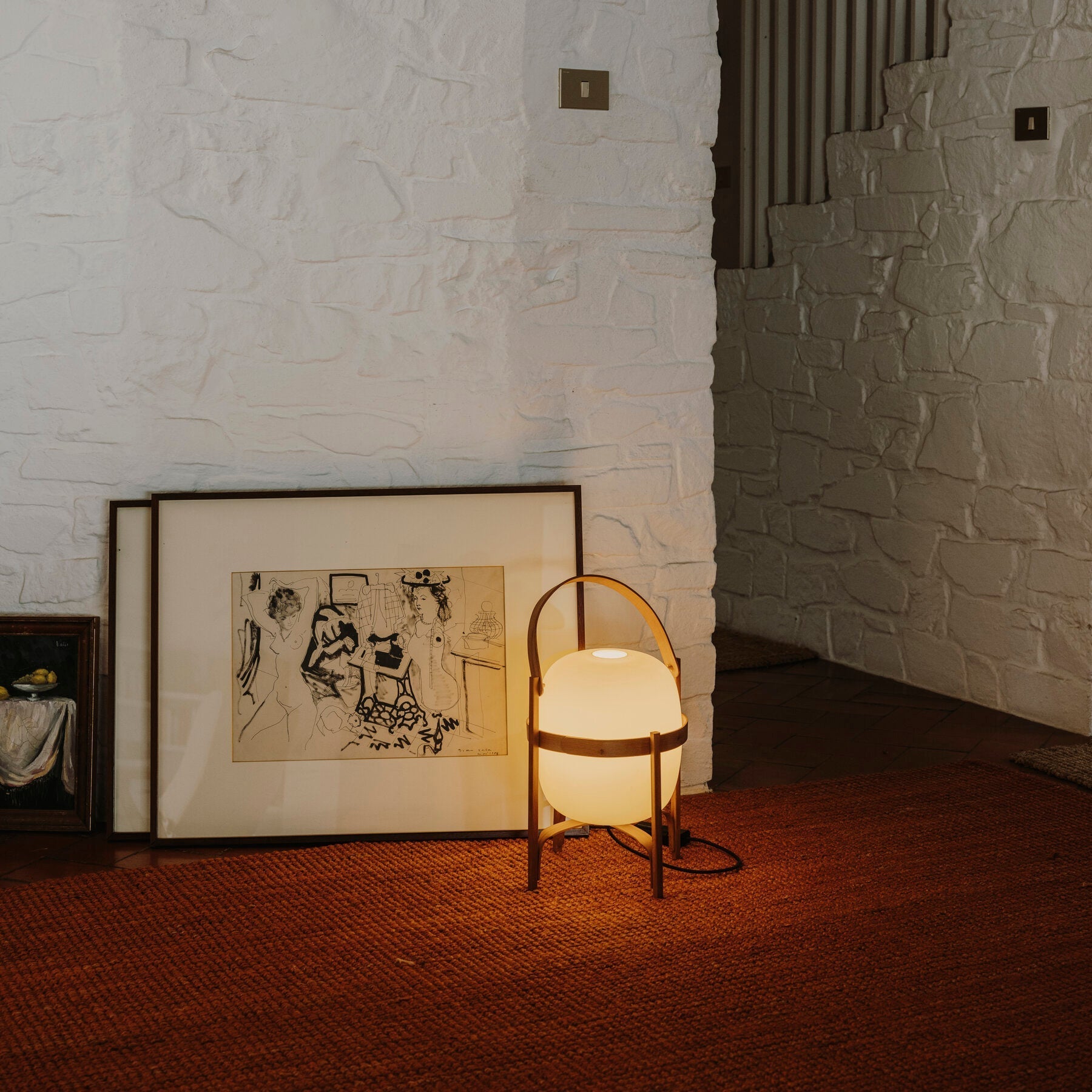 Portable Table Lamp, Ash or Walnut Wood Frame, White Glass Shade, E26/E27
