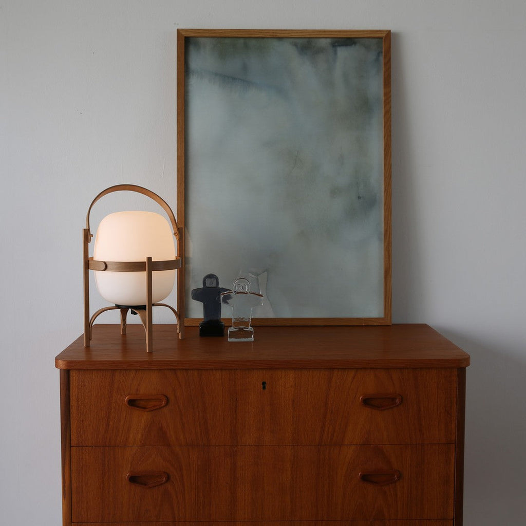 Portable Table Lamp, Ash or Walnut Wood Frame, White Glass Shade, E26/E27