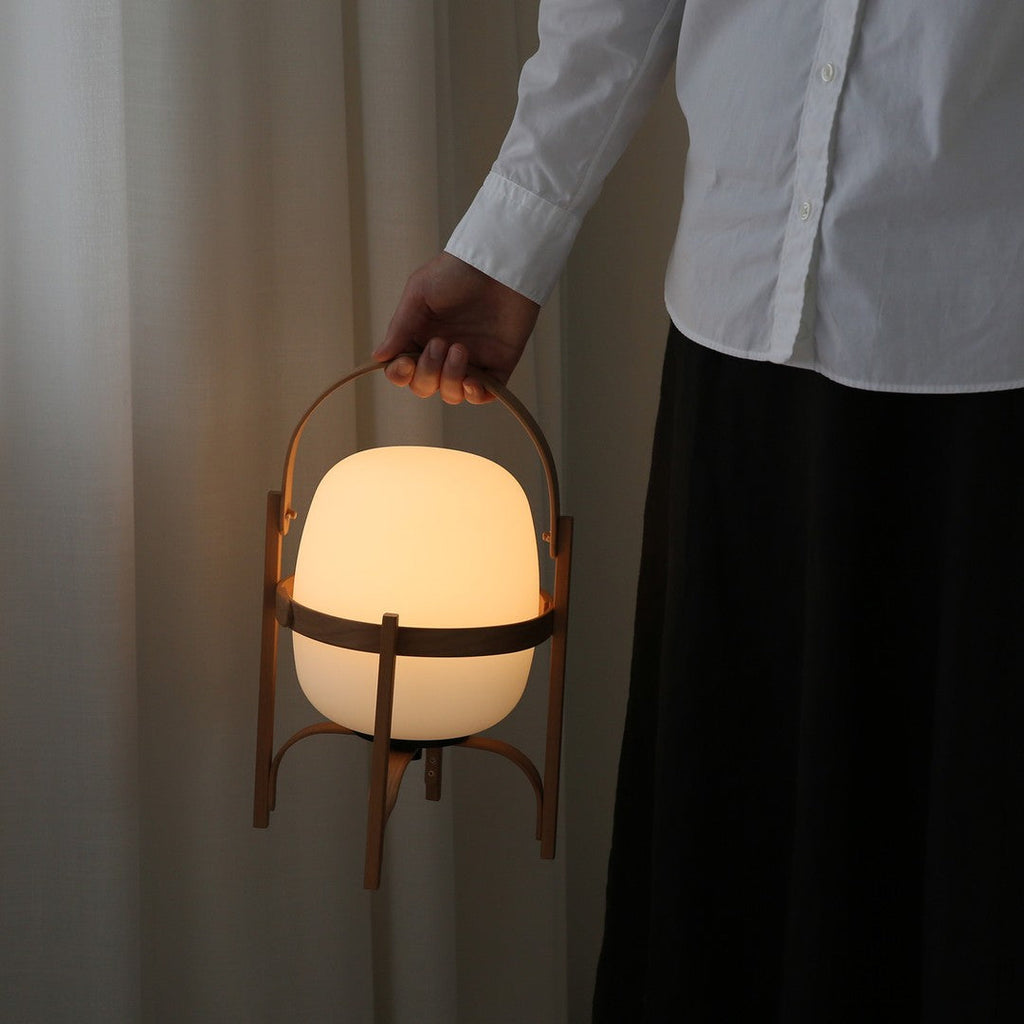 Portable Table Lamp, Ash or Walnut Wood Frame, White Glass Shade, E26/E27