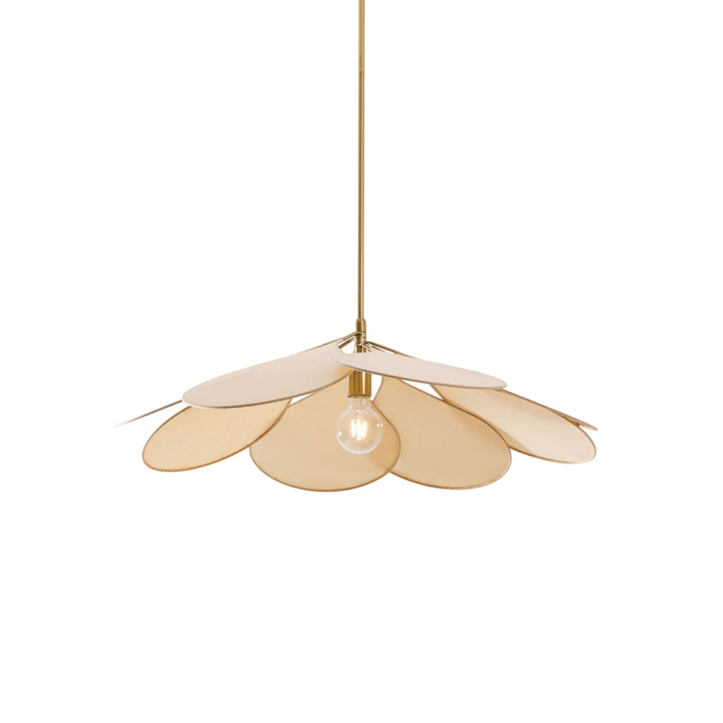 Studio shot of this Clérachic pendant lamp, its beige petals fanned open with its bulb visible at the centre.