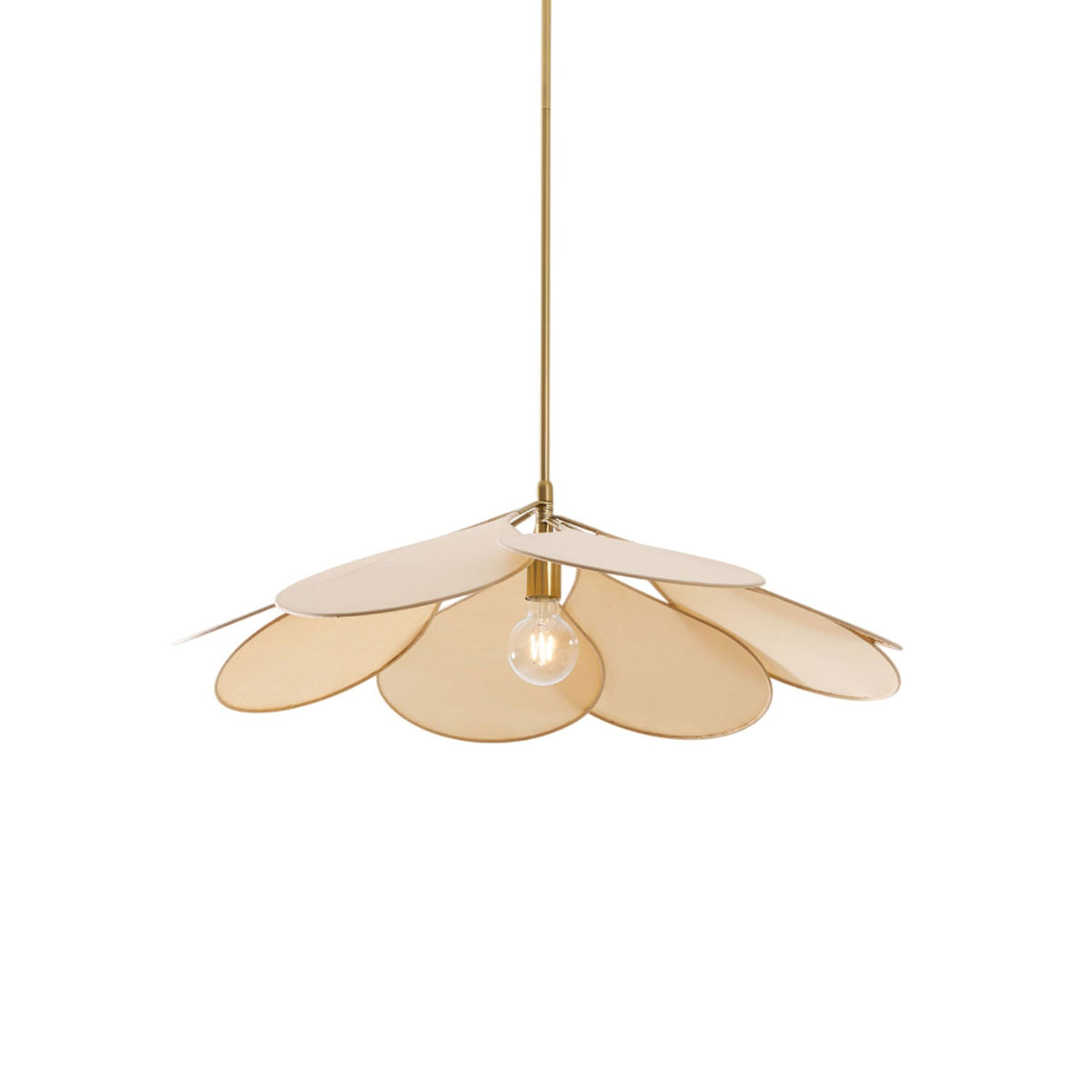 Studio shot of this Clérachic pendant lamp, its beige petals fanned open with its bulb visible at the centre.