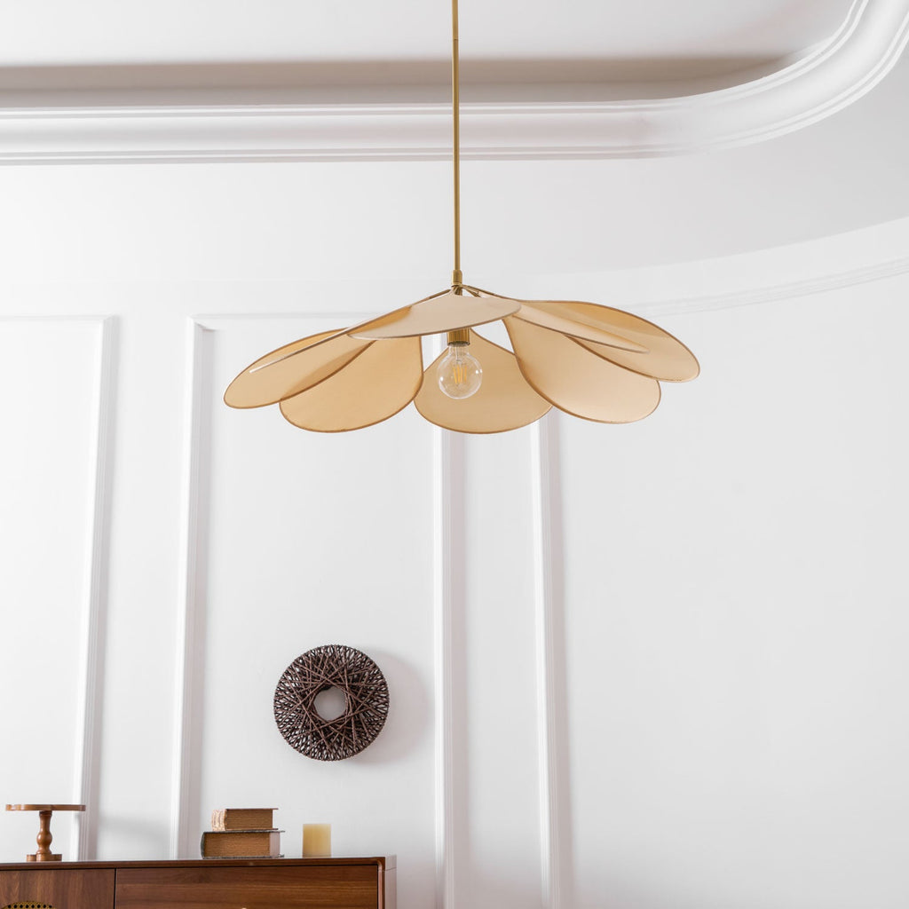 Seen from directly below, this Clérachic pendant lamp's beige petals fan out evenly around a bare bulb.