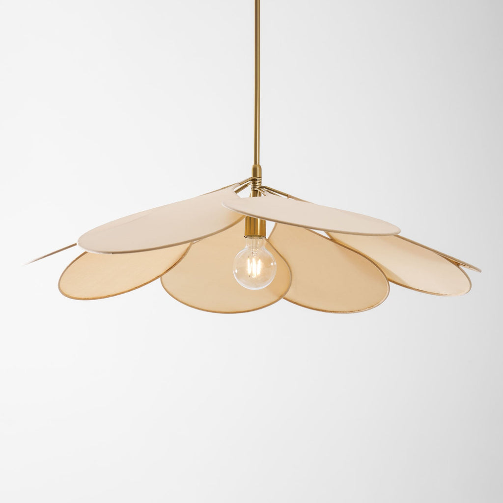 Studio shot of this Clérachic pendant lamp, its beige petals fanned compactly around a glowing bulb.