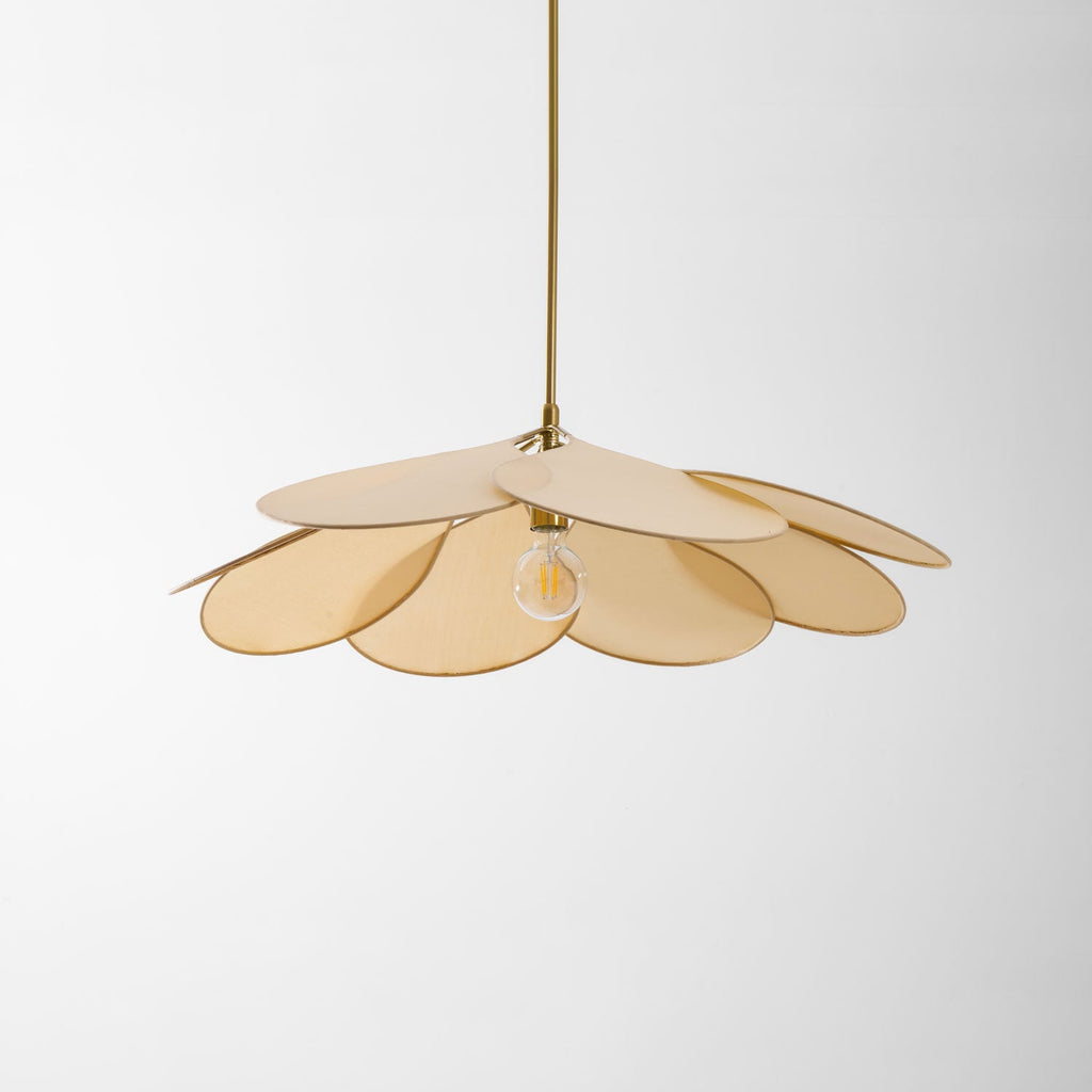 Studio shot of this Clérachic pendant lamp seen from above, its beige petals overlapping around a dim bulb.