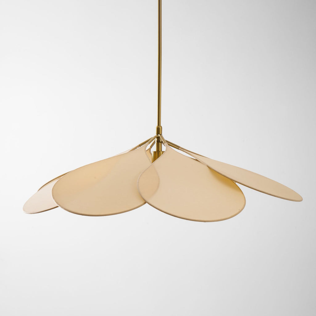 Studio shot of this Clérachic pendant lamp, its beige petals fanned unevenly around a brass fitting on a plain background.