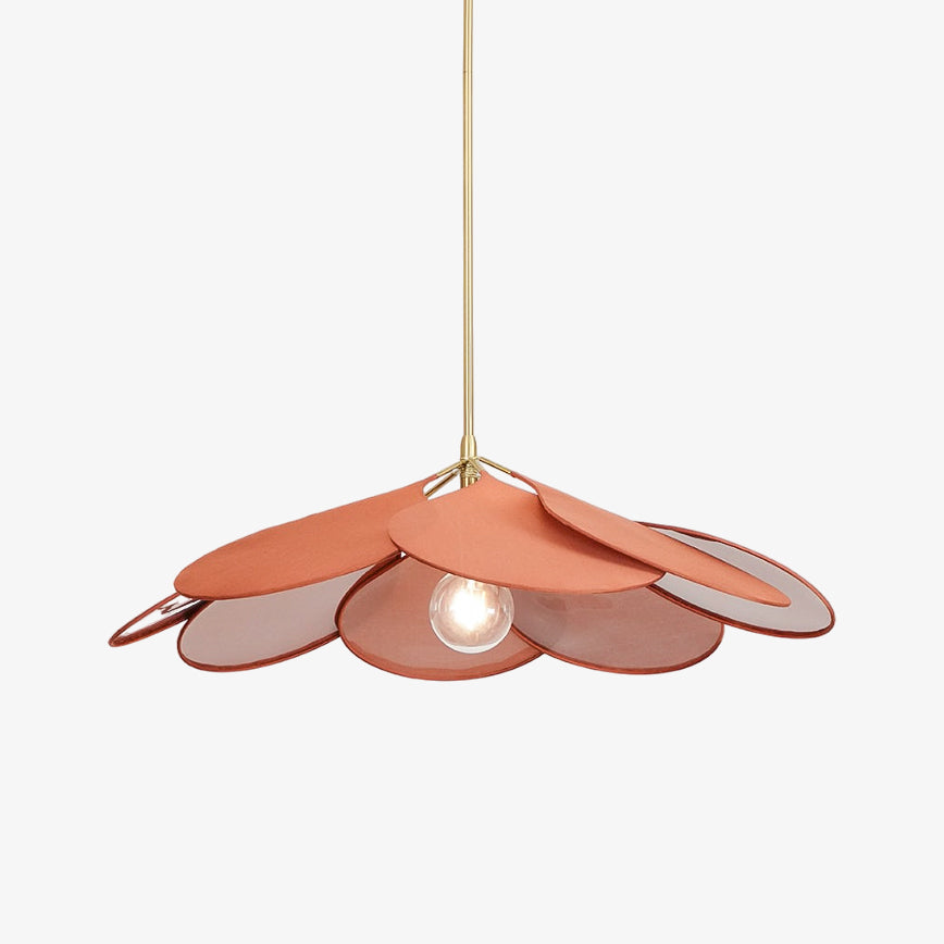 Studio shot of this Clérachic pendant light, its fanned fabric petals shading from deep terracotta to soft pink around a bare bulb.