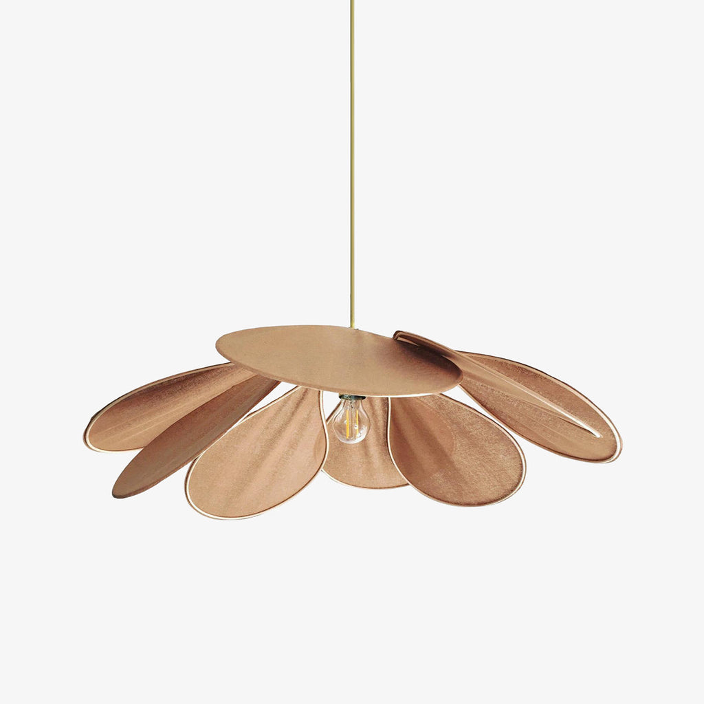 Studio shot of this Clérachic pendant lamp, its copper-toned petals fanned into a wide dome around a bare bulb on a brass rod.