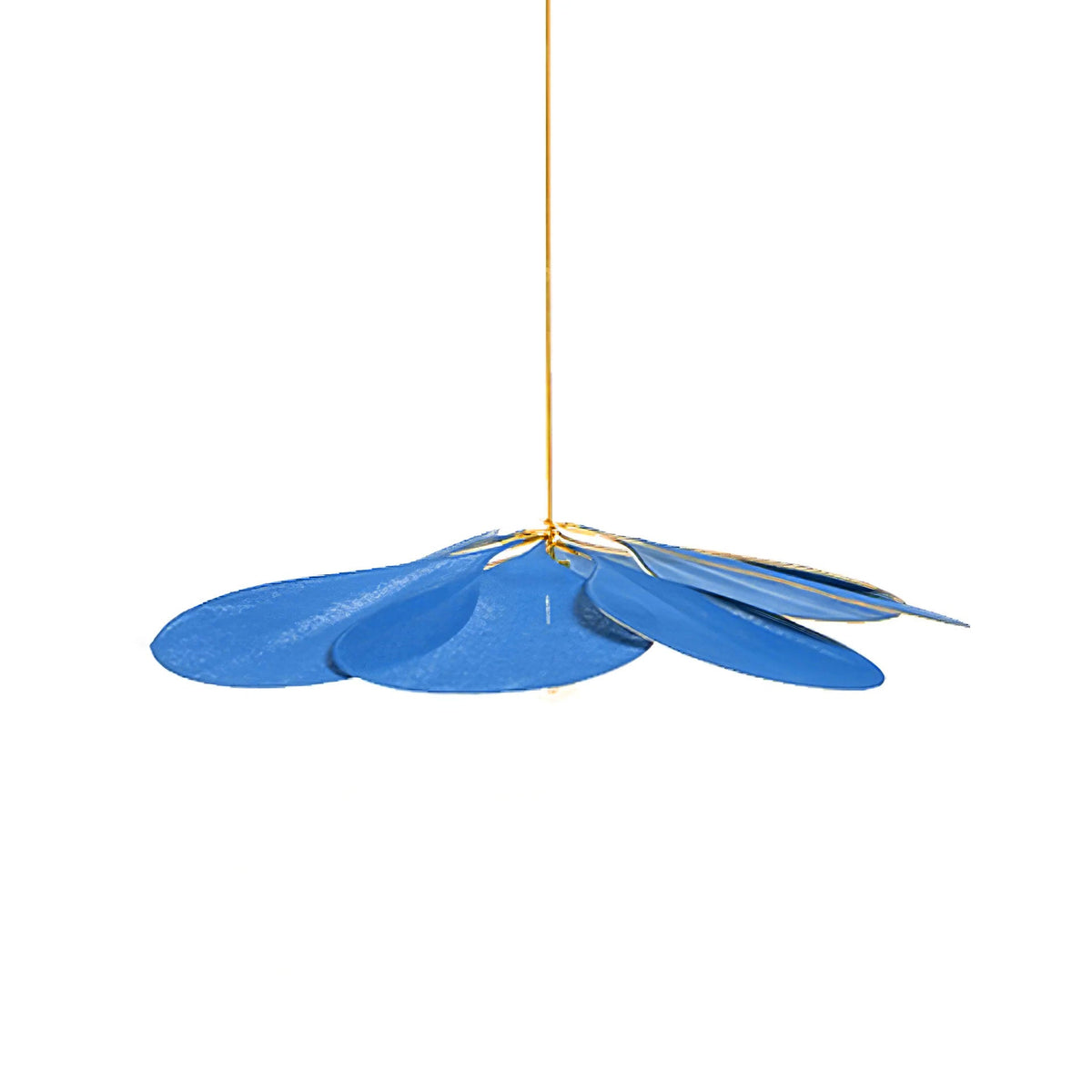 Studio shot of this Clérachic pendant lamp, its blue petals fanned open on a brass stem against a plain background.