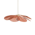 Studio shot of this Clérachic pendant lamp viewed from the side, its copper-toned petals fanned unevenly on a brass stem.