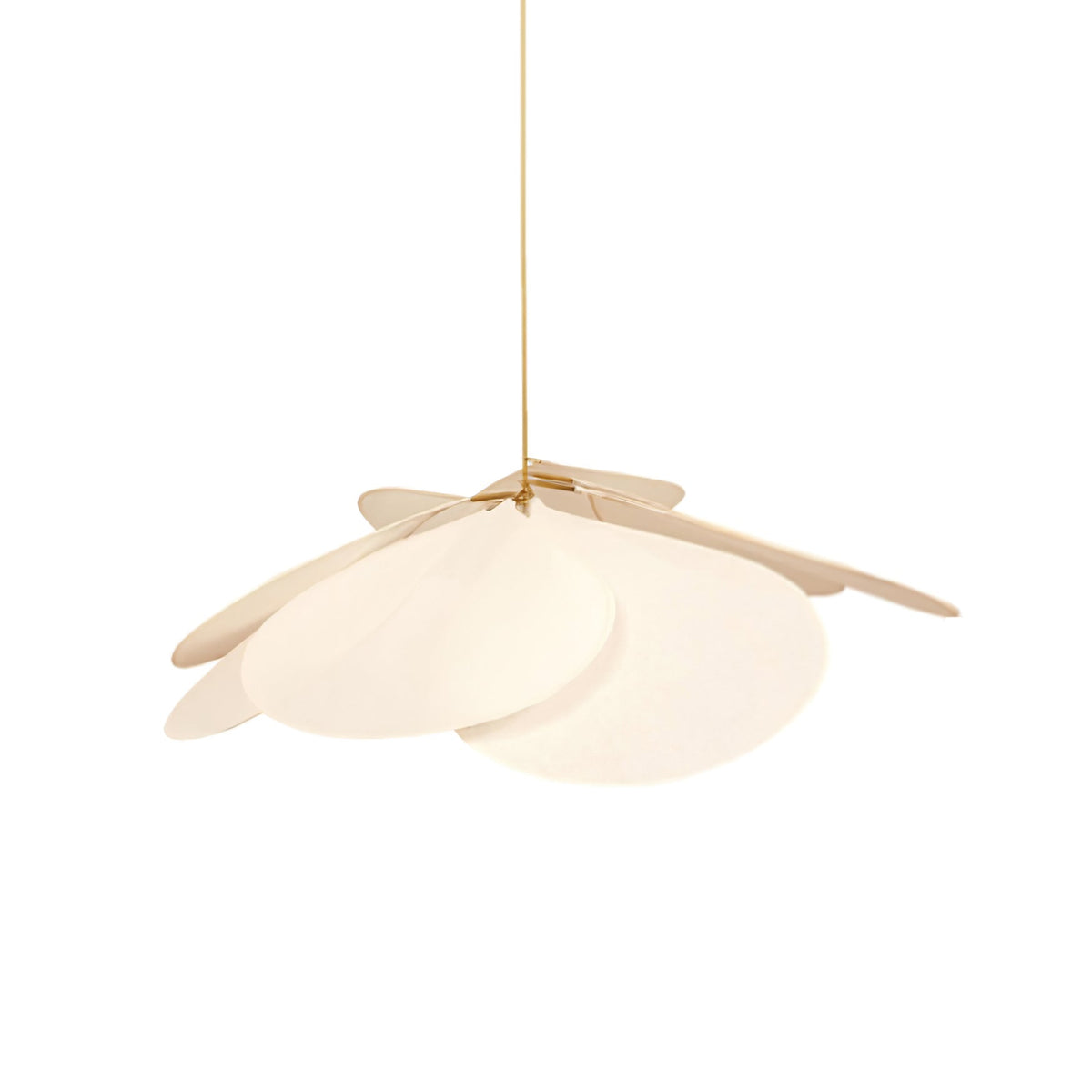 Studio shot of this Clérachic pendant lamp, its cream petals fanned into a soft dome on a brass stem.