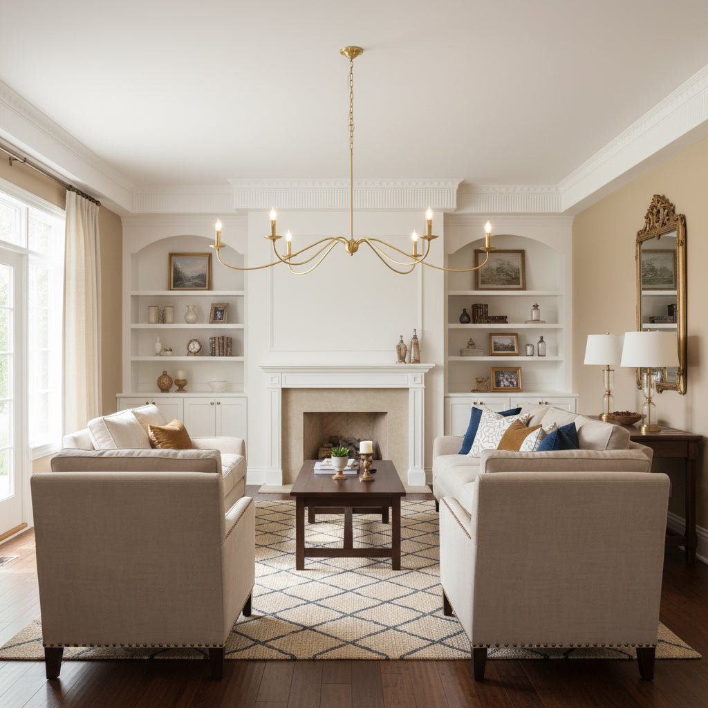 This gold Clérachic chandelier, hung without lampshades, spans a living room with two beige sofas and a fireplace mantel.