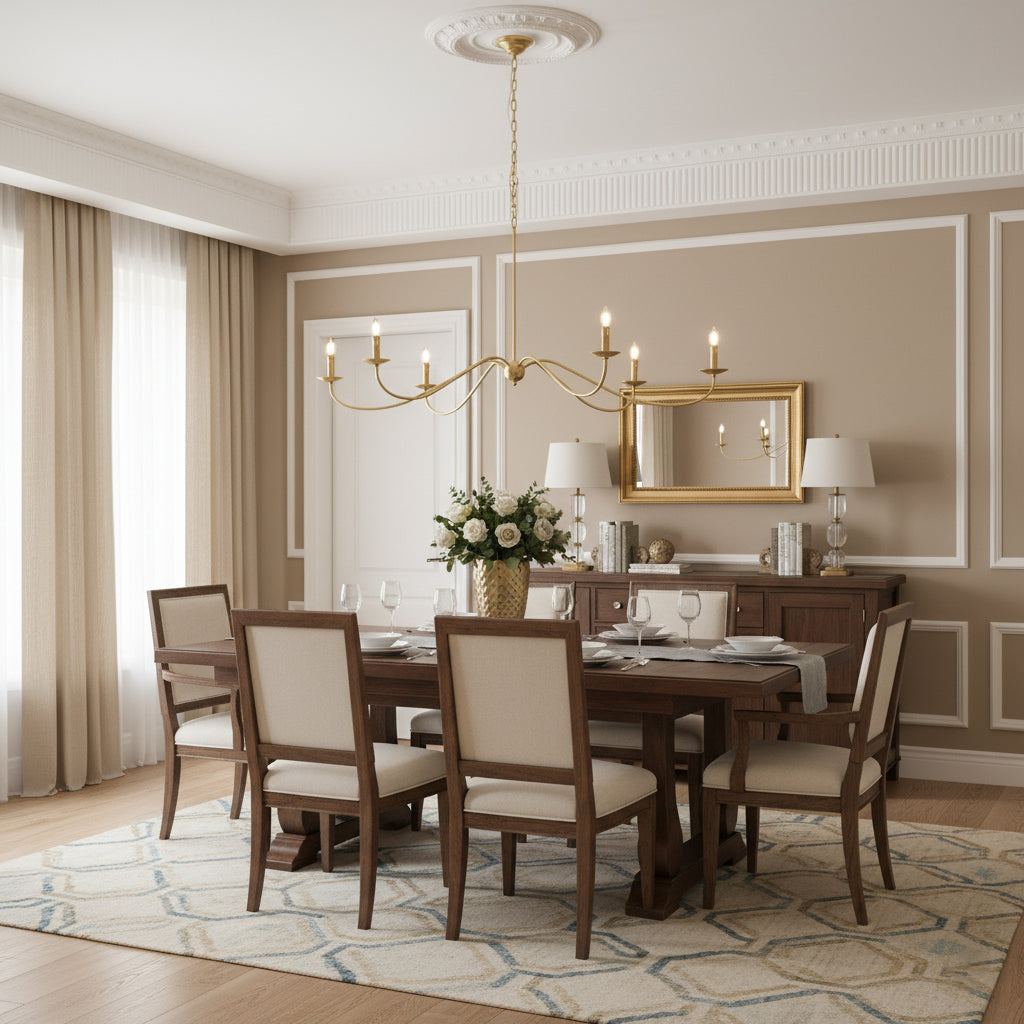 In gold finish without lampshades, this Clérachic chandelier hangs above a dark wood table beneath a gilt mirror.