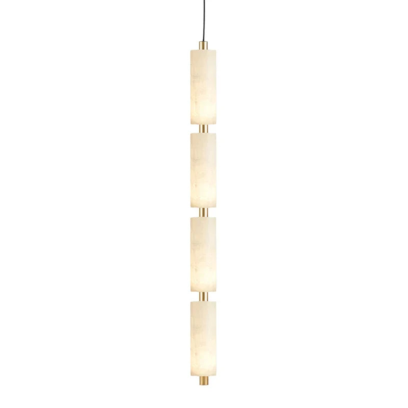 Unlit four-head Zovarion pendant showing the full alabaster column and its brass joints from the front.