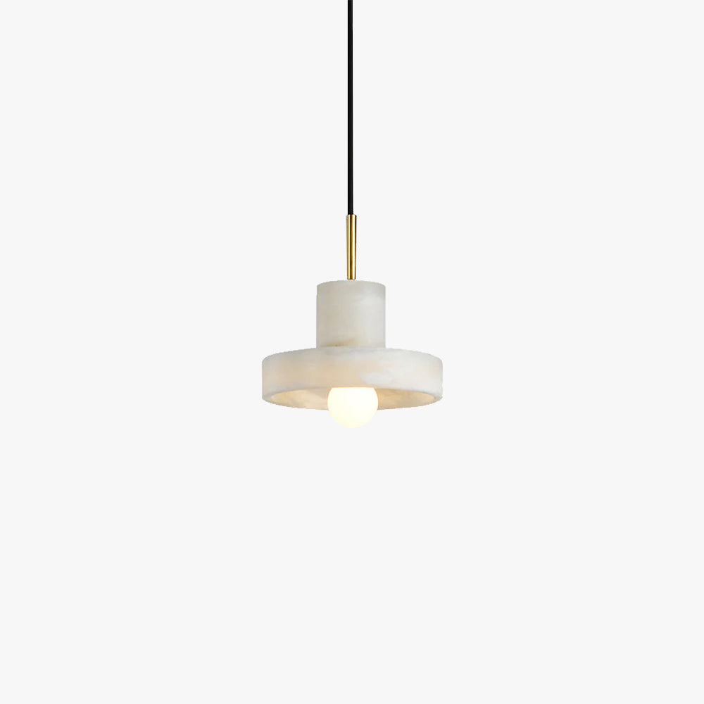 Ritta hat-shaped alabaster pendant hanging on a long cord against a plain off-white backdrop.