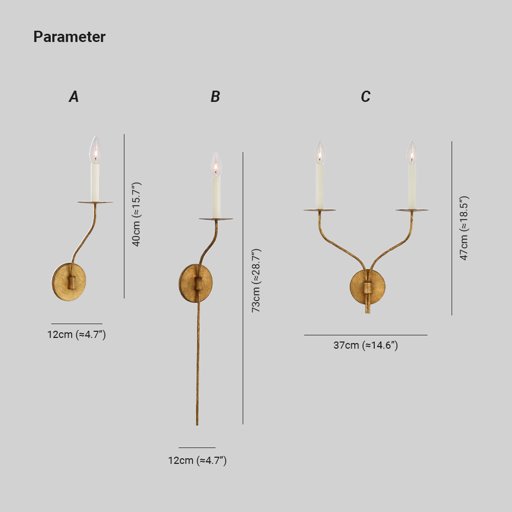 The Clérachic Eris wall lamp size diagram: single arm 40cm/15.7" or 73cm/28.7" tall, 12cm/4.7" wide; two-arm 47cm/18.5" tall, 37cm/14.6" wide.