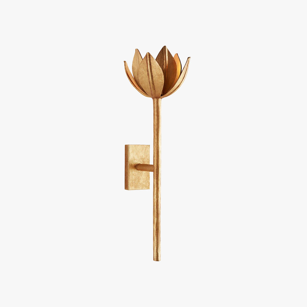 Kristy sconce in gold leaf on a soft grey background, single open bloom on a hammered stem.