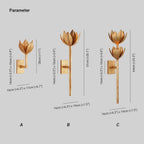 Dimension drawing of the Kristy sconce in three sizes: 28cm, 51cm and 64cm tall, 14 x 10cm backplate.