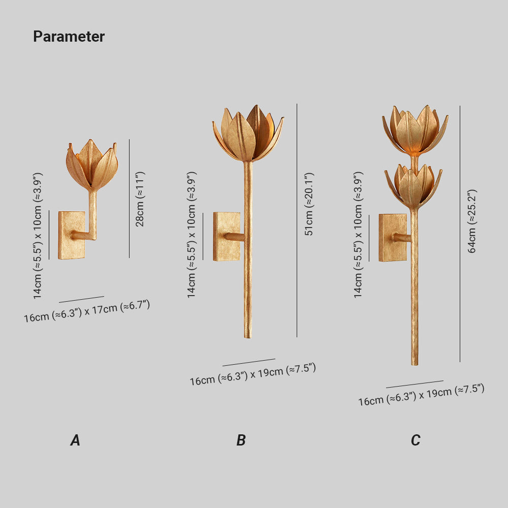 Dimension drawing of the Kristy sconce in three sizes: 28cm, 51cm and 64cm tall, 14 x 10cm backplate.