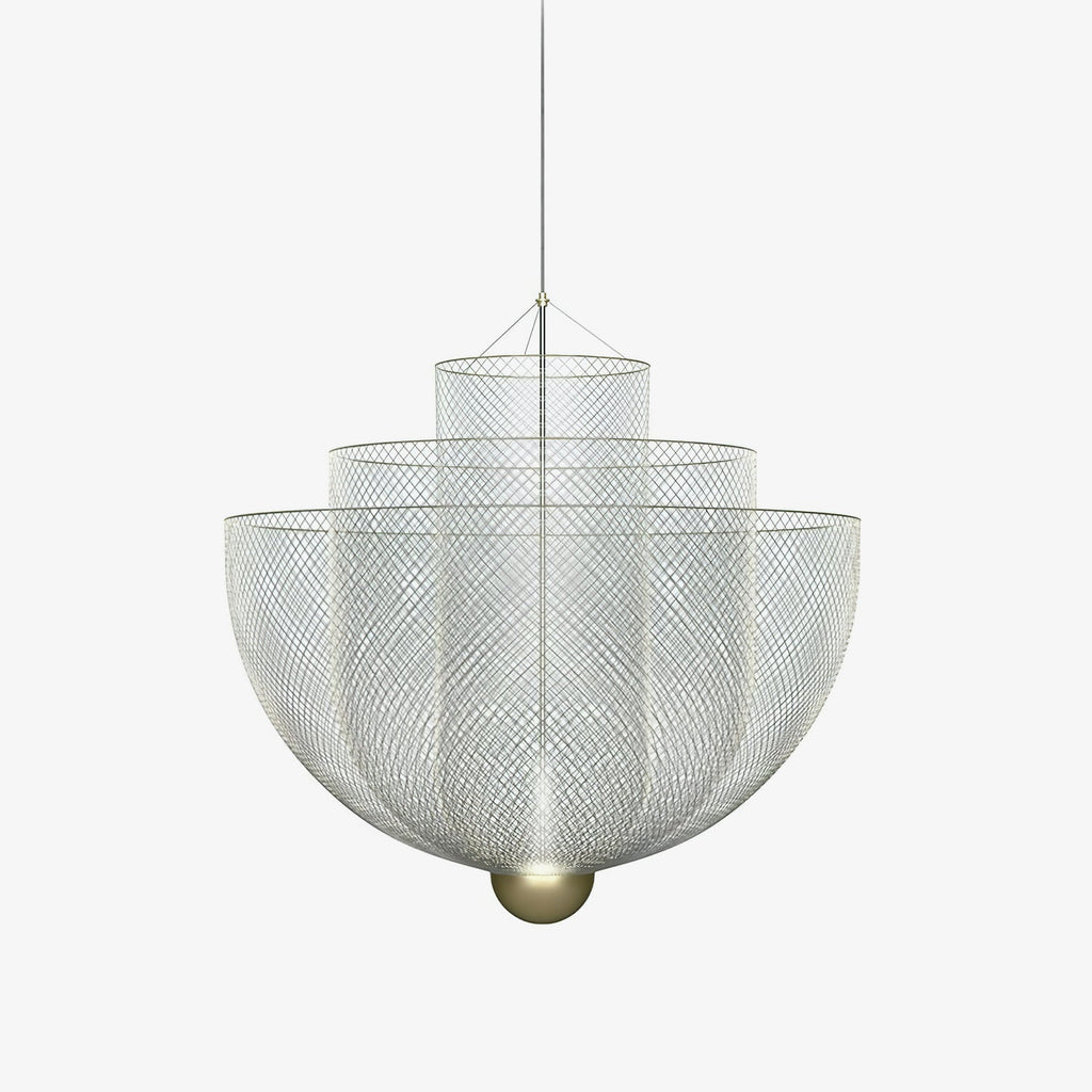 Steel wire pendant light close detail of the layered frame