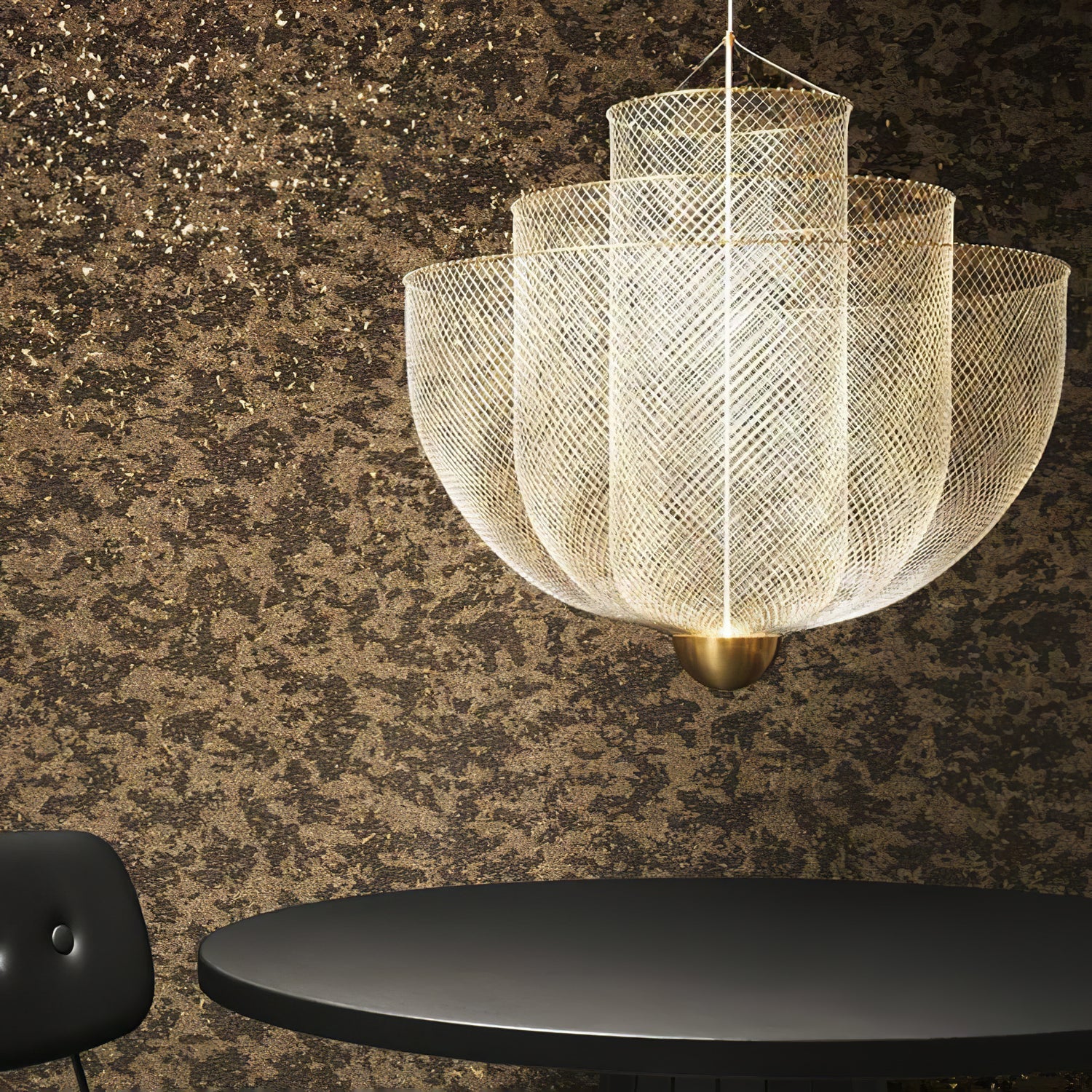 Layered steel wire pendant light viewed from a low angle