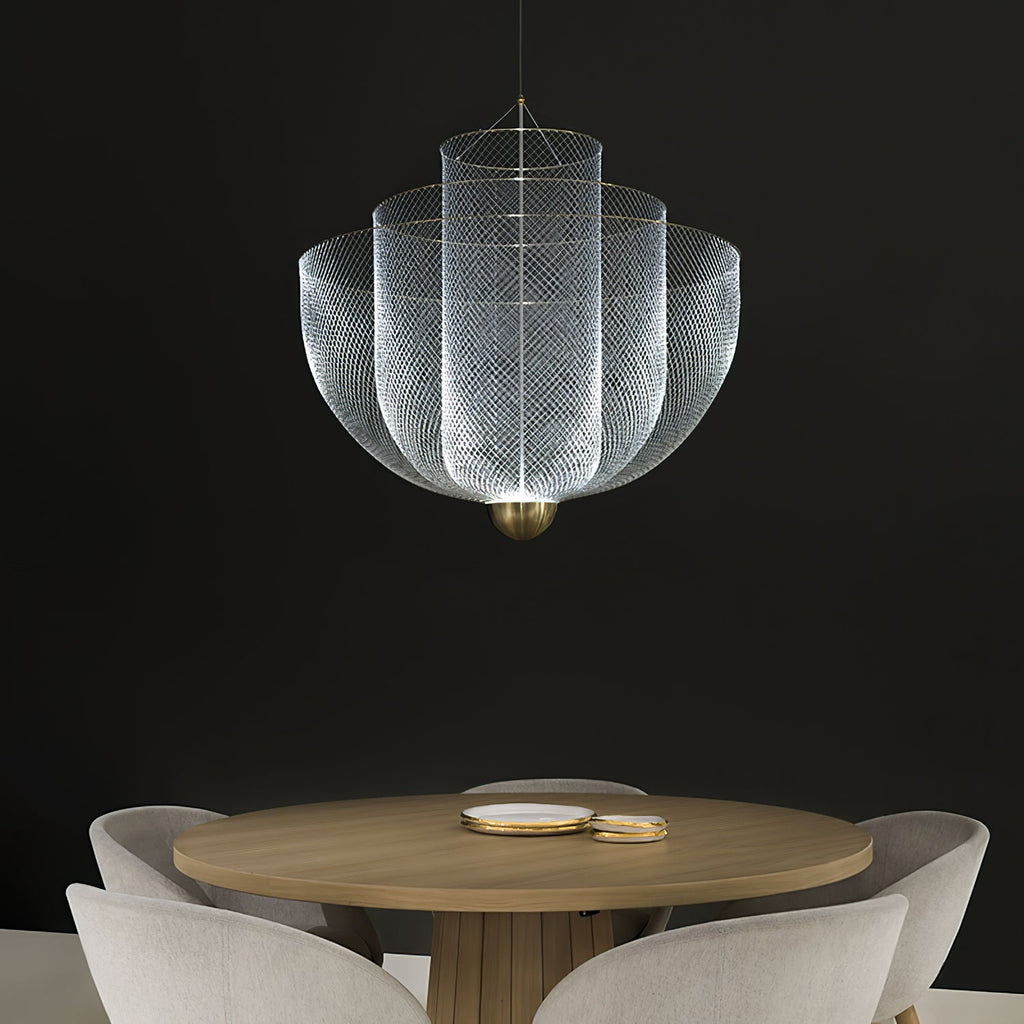 Wirework pendant light shade detail showing woven steel strands